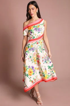 Robe Midi Asymétrique En Satin Imprimé À Épaules Dénudées