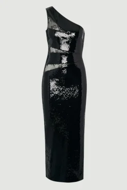 Robe Midi Asymétrique à Sequins avec Détails en Dentelle