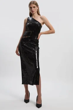 Robe Midi Asymétrique à Sequins avec Détails en Dentelle