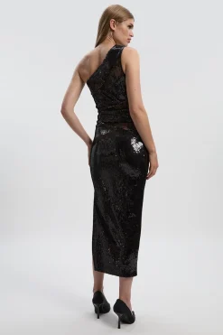 Robe Midi Asymétrique à Sequins avec Détails en Dentelle