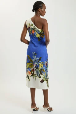 KarenMillen Robe Midi Asymétrique À Une Épaule En Lin Viscose Avec Imprimé Placement<Femme Robes|Robes Mi-Longues