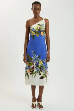 KarenMillen Robe Midi Asymétrique À Une Épaule En Lin Viscose Avec Imprimé Placement<Femme Robes|Robes Mi-Longues