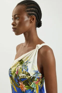 KarenMillen Robe Midi Asymétrique À Une Épaule En Lin Viscose Avec Imprimé Placement<Femme Robes|Robes Mi-Longues