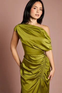 Robe Midi Asymétrique à Une Épaule en Satin Froncé Petite Taille
