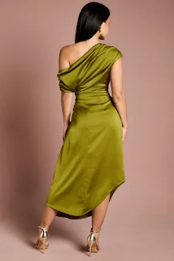Robe Midi Asymétrique à Une Épaule en Satin Froncé Petite Taille