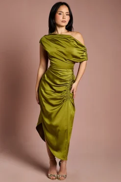 Robe Midi Asymétrique à Une Épaule en Satin Froncé Petite Taille