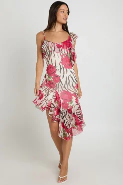 boohoo Robe Midi Asymétrique À Volants En Mousseline Fleurie Pour Grandes Tailles<Femme Robes Patineuses|Robes