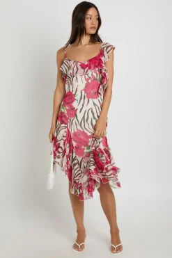 boohoo Robe Midi Asymétrique À Volants En Mousseline Fleurie Pour Grandes Tailles<Femme Robes Patineuses|Robes
