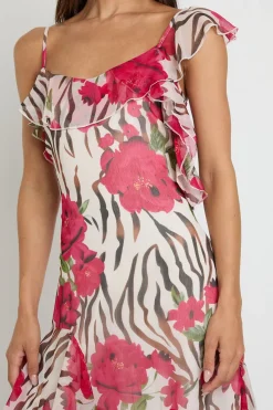 boohoo Robe Midi Asymétrique À Volants En Mousseline Fleurie Pour Grandes Tailles<Femme Robes Patineuses|Robes