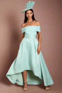 Robe Midi Bandage Asymétrique Épaules Dénudées Lisa Tan
