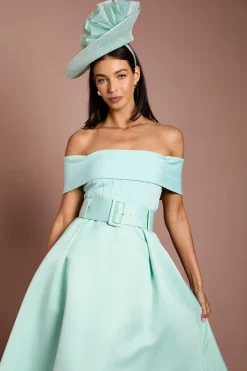 Robe Midi Bandage Asymétrique Épaules Dénudées Lisa Tan