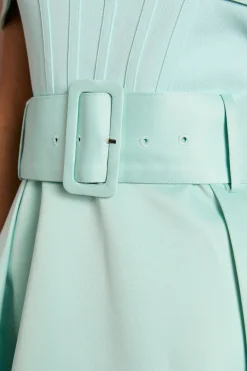 Robe Midi Bandage Asymétrique Épaules Dénudées Lisa Tan