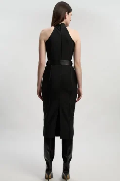 Robe Midi Bandage à Col Haut avec Détails Boucles