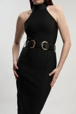 Robe Midi Bandage à Col Haut avec Détails Boucles