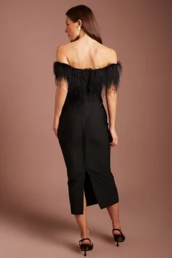 Robe Midi Bandage À Franges Avec Décolleté Bardot