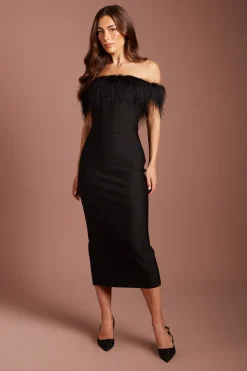 Robe Midi Bandage À Franges Avec Décolleté Bardot