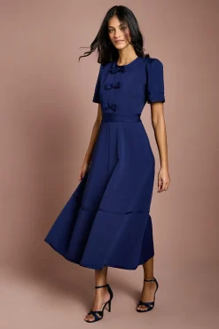 Robe Midi Bandage À Manches Courtes Avec Nœud Sur Le Devant Petite Taille