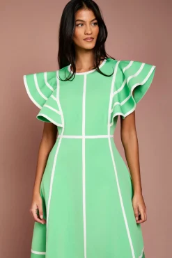 Robe Midi Bandage à Volants aux Épaules Petite Taille