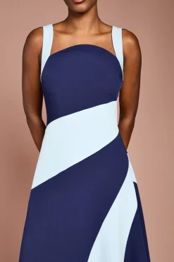 Robe Midi Bandeau en Crêpe à Blocs de Couleur