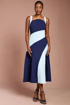 Robe Midi Bandeau en Crêpe à Blocs de Couleur