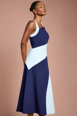 Robe Midi Bandeau en Crêpe à Blocs de Couleur