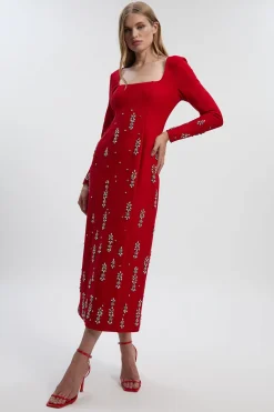 Robe Midi Bandeau en Crêpe Scuba Ornée de Cristaux - Taille Petite