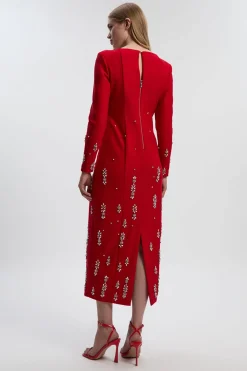 Robe Midi Bandeau en Crêpe Scuba Ornée de Cristaux