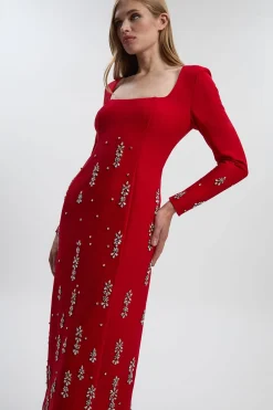 Robe Midi Bandeau en Crêpe Scuba Ornée de Cristaux