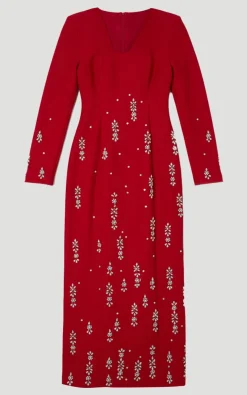 Robe Midi Bandeau en Crêpe Scuba Ornée de Cristaux