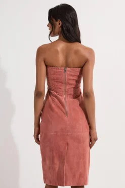 Robe Midi Bandeau en Daim à Détails de Couture Fouet