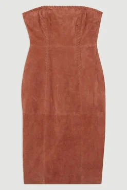 Robe Midi Bandeau en Daim à Détails de Couture Fouet