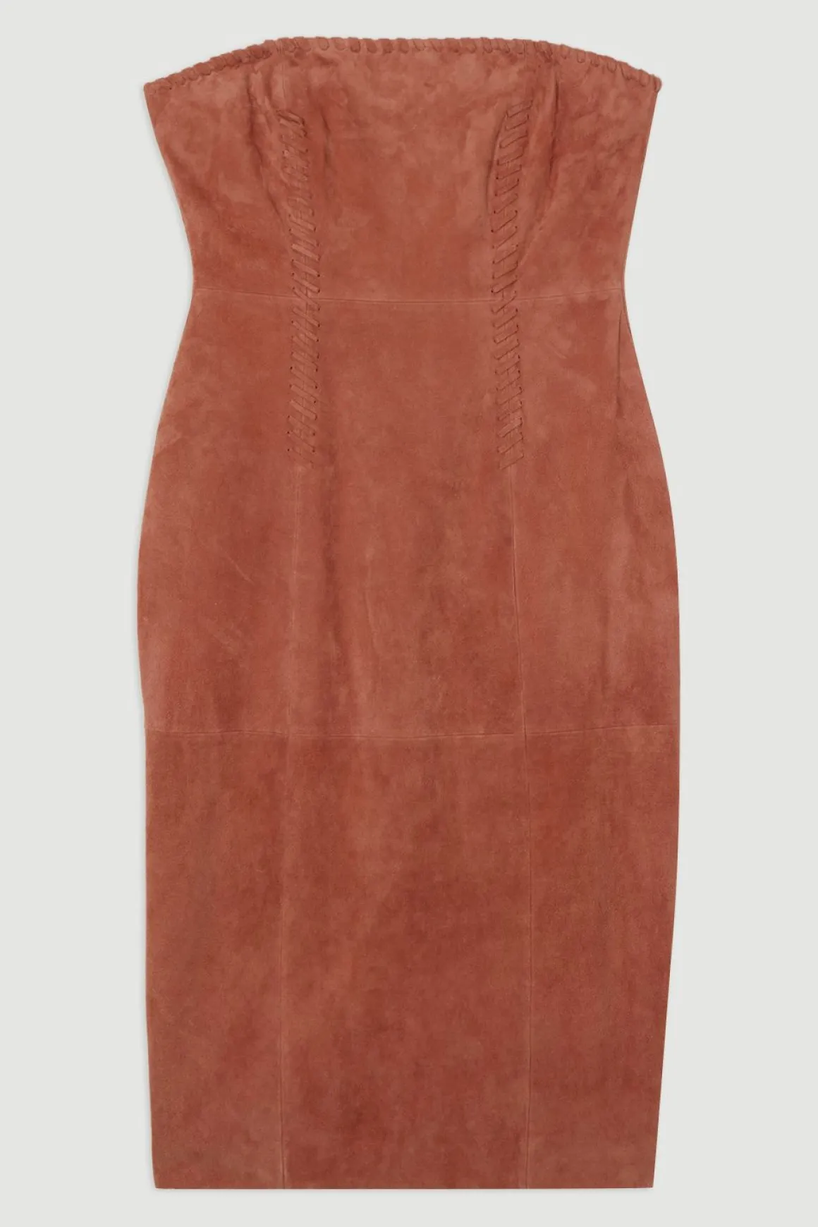 Robe Midi Bandeau en Daim à Détails de Couture Fouet
