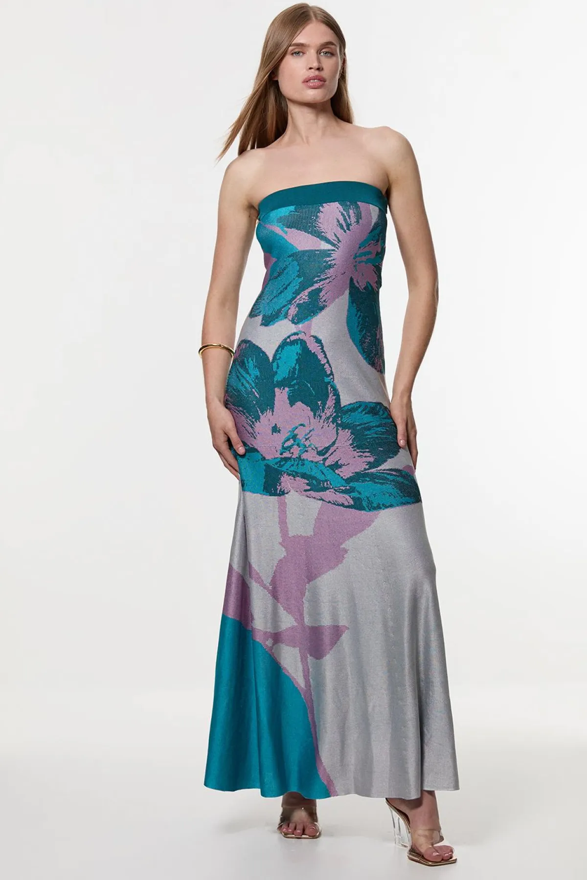 KarenMillen Robe Midi Bandeau en Maille Slinky à Jacquard Floral Placement<Femme Pulls Et Gilets|Toutes Les Mailles