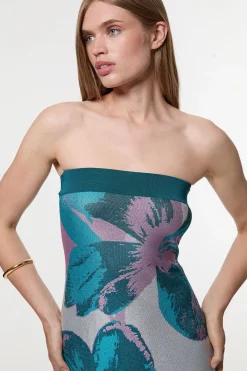 KarenMillen Robe Midi Bandeau en Maille Slinky à Jacquard Floral Placement<Femme Pulls Et Gilets|Toutes Les Mailles
