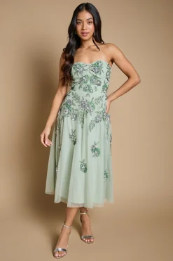 Robe Midi Bandeau À Ornements Floraux En Cascade Petite Taille Premium
