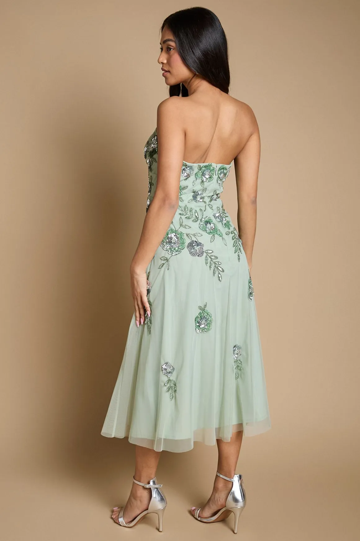 Robe Midi Bandeau À Ornements Floraux En Cascade Petite Taille Premium