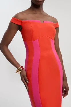 KarenMillen Robe Midi Bardot Ajustée à Blocs de Couleurs en Tissu Stretch Compact<Femme Tailleurs|Robes Mi-Longues