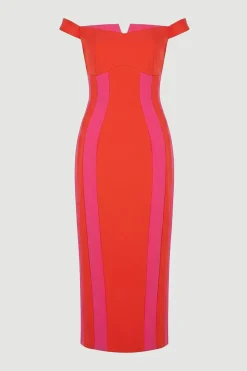 KarenMillen Robe Midi Bardot Ajustée à Blocs de Couleurs en Tissu Stretch Compact<Femme Tailleurs|Robes Mi-Longues