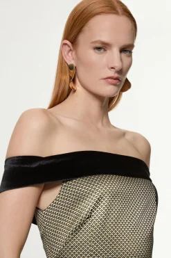 Robe midi Bardot ajustée Geo Jacquard Velvet Mix