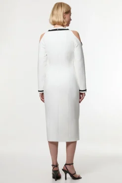 Robe Midi Bardot Cintrée en Stretch Compact avec Finitions en Contraste