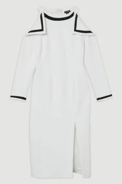 Robe Midi Bardot Cintrée en Stretch Compact avec Finitions en Contraste