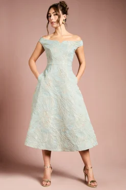 Coast Robe Midi Bardot en Jacquard Fleuri<Femme Robes|Robes Mi-Longues