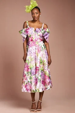 Robe Midi Bardot en Organza Imprimé Lisa Tan