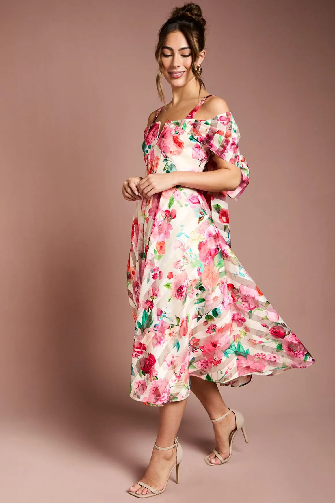 Robe Midi Bardot en Organza Imprimé