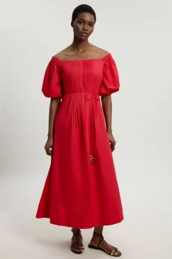 KarenMillen Robe Midi Bardot En Popeline De Coton Avec Détails De Perles<Femme Toutes Les Robes|Robes Mi-Longues