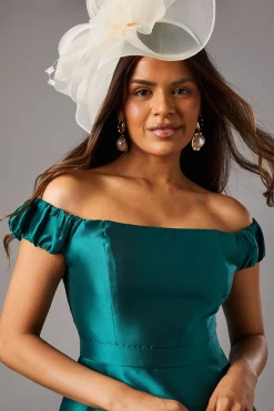 Robe Midi Bardot Petite en Sergé avec Finitions en Dentelle