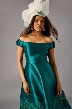 Robe Midi Bardot Petite en Sergé avec Finitions en Dentelle