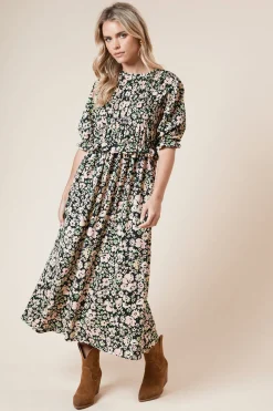 Robe Midi À Basque Avec Corsage Froncé Et Petites Manches Bouffantes À Motif Fleuri