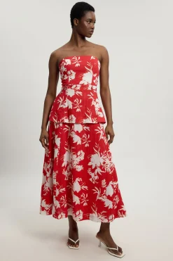 KarenMillen Robe Midi À Basque Et Encolure Bandeau En Double Tissu Imprimé<Femme Robes|Robes Mi-Longues
