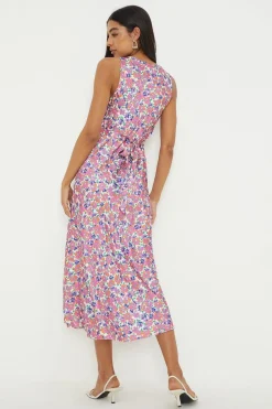 Robe Midi Biais À Col V Imprimé Fleuri Rose